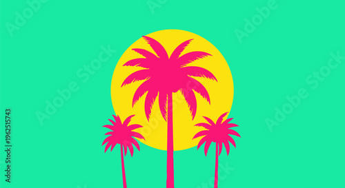 Vibrant tropical palm trees, sunny yellow sun, green background, colorful vector illustration