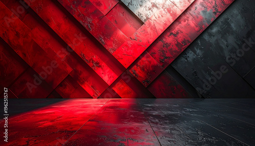 Abstract Red and Black Geometric Panels with Textured Surface and Reflective Floor