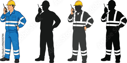 Illustrated construction worker with hard hat and walkie‑talkie, safety uniform variations, silhouette and colored versions, occupational design artwork showcase