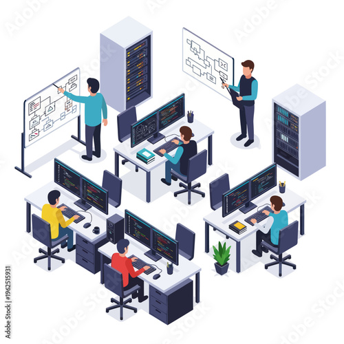 Isometric IT Team Collaboration and Server Room Environment.