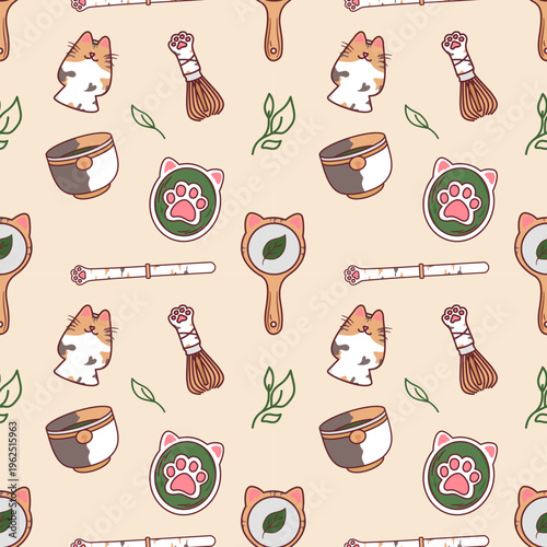 Calico cat lucky matcha tea ceremony items seamless pattern graphic