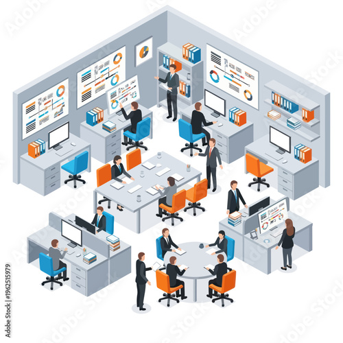 Isometric Office Space with Employees and Data Visualization.