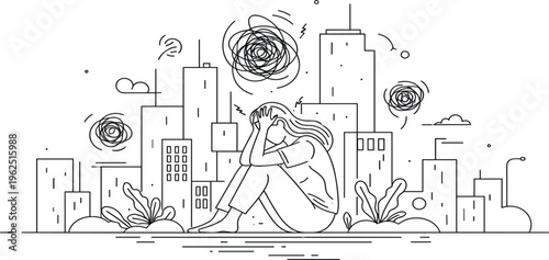 Mental Health Anxiety Illustration with Sad Woman Sitting in Urban City, Stress, Depression, Emotional Struggle and Psychological Awareness Concept Line Art
