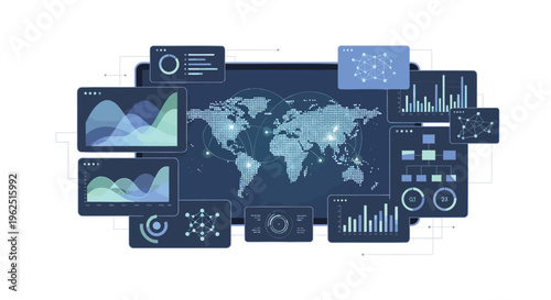 Infographic elements, global data visualization, blue vector graphics, business analytics icons