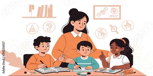 Sign Language Education Illustration with Teacher and Children Learning Hand Gestures, Inclusive Communication, Deaf Awareness and Classroom Learning Concept