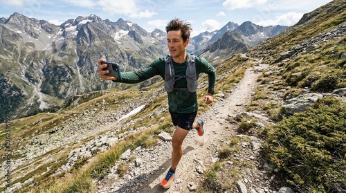 Man trail runner taking selfie while running on mountain path. Athlete filming video content during outdoor high altitude jogging. Active lifestyle, fitness, adventure and travel concept.