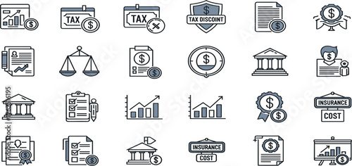 Tax and Insurance Line Icon Set with Finance Documents, Banking, Audit, Cost Analysis, Discount, Policy and Business Financial Symbols Collection