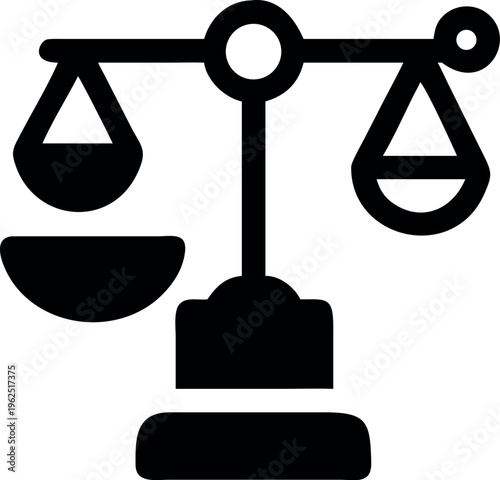 A black and white icon of a balance scale with two equal sides on a flat surface in the middle with a circular fulcrum above and a knob on one end for adjustment purposes