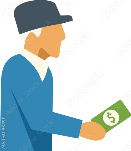 Senior man with hat receiving cash or his retirement income