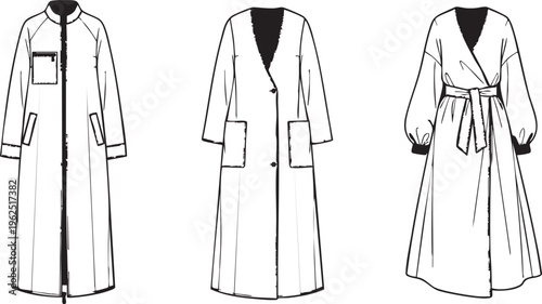 Collection of Women Long Winter Coats Fashion Technical Sketches Including Overcoat Trench Coat and Robe Style Outerwear for Design Portfolio