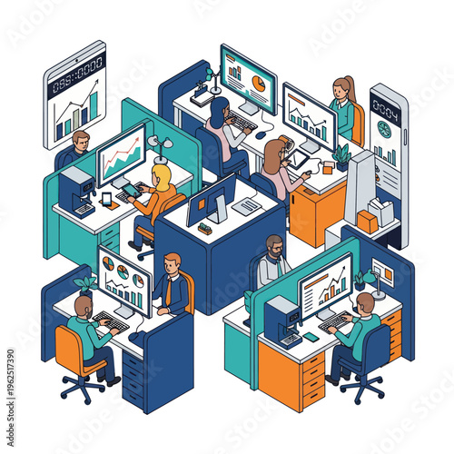 Isometric Office Scene - Employees Working at Desks with Data on Screens.