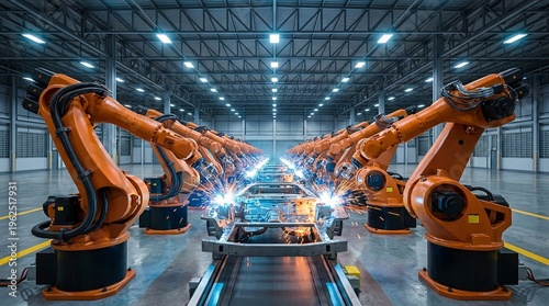 Multiple orange industrial robotic arms working in dramatic dark blue factory, automated manufacturing concept