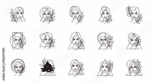 Collection of minimalist abstract line art illustrations featuring women's faces intertwined with delicate floral elements, perfect for beauty, nature, or wellness designs.