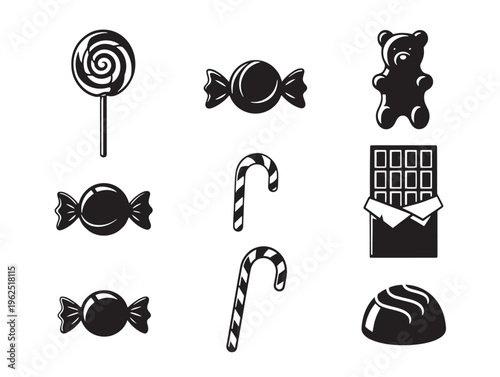 Black and white icons of various sweet treats