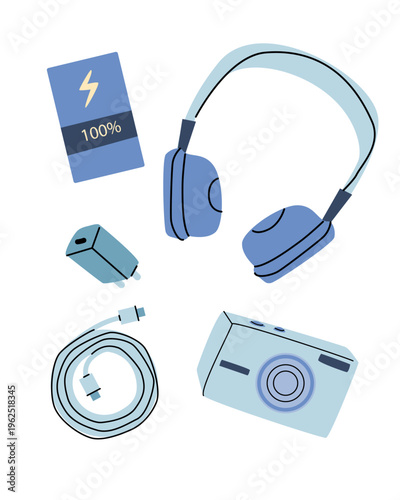 Phone and camera essential kit. Trip items, power bank, usb connect for phone and camera, headphones. Travel phone essentials in cartoon flat style.