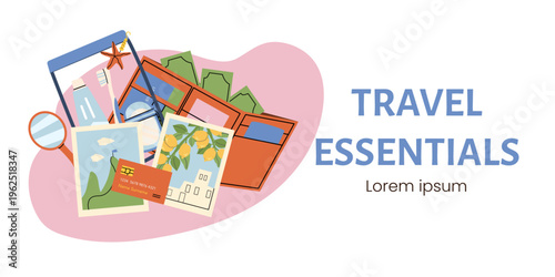 Travel essentials banner with tourism elements. Cartoon flat illustration with travel tour icons and finance and hygiene elements for mediterranean travel concept