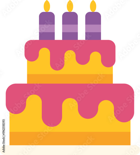 Birthday cake with layers of icing and three lit candles, representing celebration and dessert