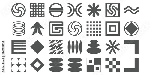 Set of isolated black minimal geometric shapes and abstract symbols for branding