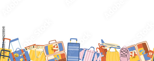 Travel vacation luggage border. Airplane baggage elements background for tourism banner or flyer. Open suitcase with summer essentials - bikini and flip flops. Cartoon Airport suitcases background