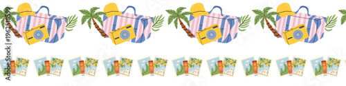 Summer vacation travel seamless borders set. Mediterranean photos with lemons and fashion pink suitcase with palm tree.