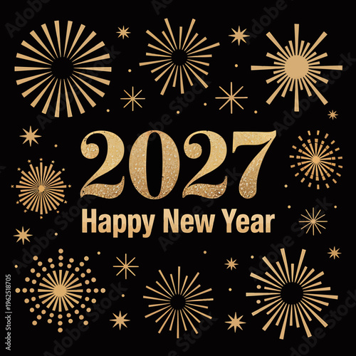 Golden fireworks and stars on black background with 2027 Happy New Year text