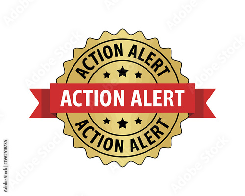 Golden action alert badge with red banner and white text on white background