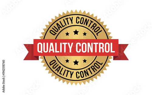 Golden quality control seal with red banner and white text on white background