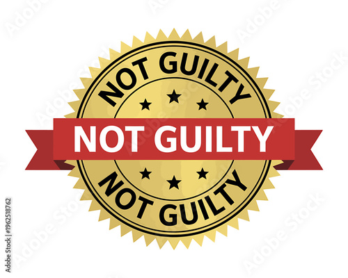 Gold not guilty stamp with red banner and white text on white background