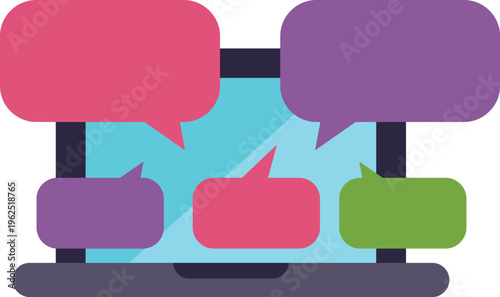 Laptop displaying multiple colorful speech bubbles, symbolizing online communication and chat