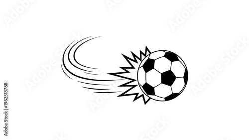 Soccer ball with motion lines and explosion effect moving fast in one direction quickly
