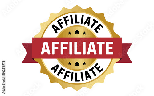 Golden affiliate badge with red ribbon and white text on transparent background
