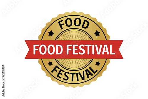 Gold food festival seal logo with red banner label