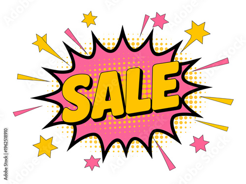 Colorful comic book style sale sign with stars and rays isolated on white background