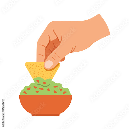 Hand dipping tortilla chip into bowl of guacamole dip
