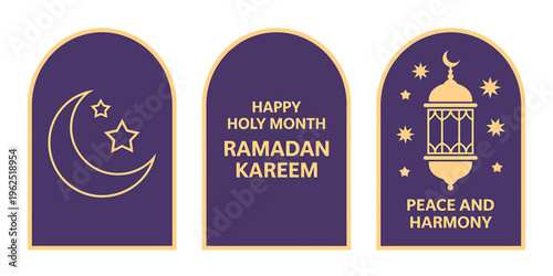 Ramadan Kareem greeting cards with crescent moon and lantern designs on purple background