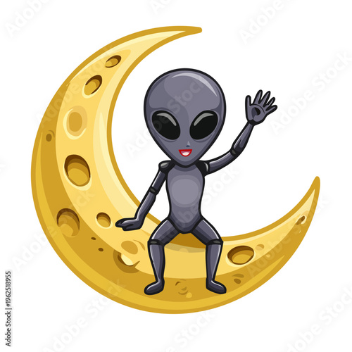 A friendly alien smiling and waving while seated on a crescent moon, inviting curiosity