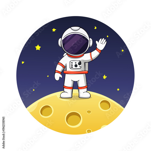 Astronaut on the Moon greeting the world, standing on the lunar surface with stars and space as a background