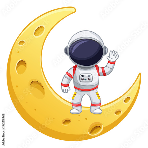 An astronaut waving from a crescent moon, cartoon illustration