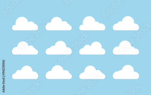 Collection of white fluffy cloud shapes on light blue background