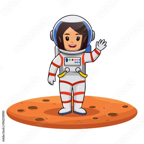 A friendly astronaut waving on an alien planet, ready for exploration. This is a vector illustration of a cartoon astronaut with a helmet