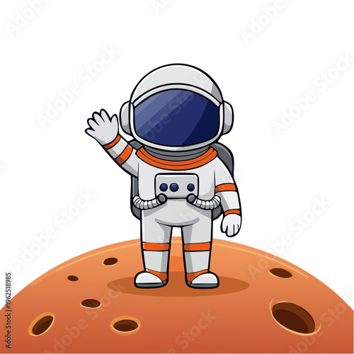 An astronaut happily waving from the surface of Mars. The astronaut is wearing a space suit and helmet