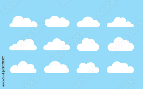Various white cloud shapes on blue background for design elements  weather icons