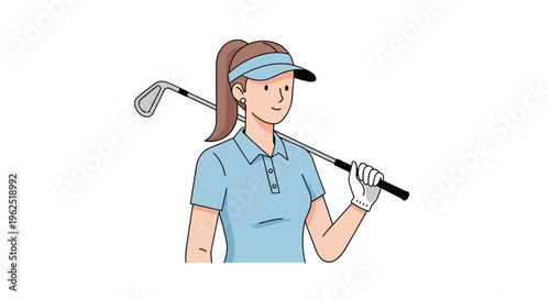 A female golfer with a ponytail and blue visor holds a golf club over her shoulder.