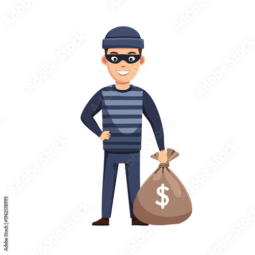 A smiling thief holding a bag of money