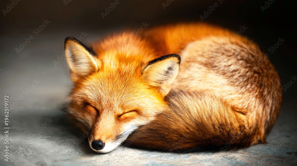 Fototapeta premium Peaceful red fox sleeping soundly, curled up tightly with closed eyes, conveying calm and natural tranquility