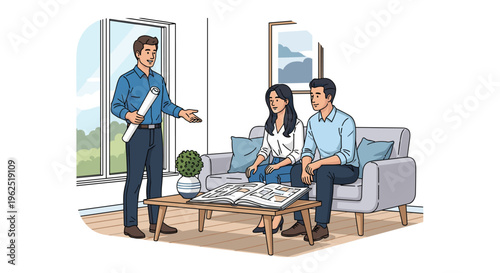 A male architect presents rolled blueprints to a couple seated on a grey sofa in a modern living room with a coffee table.