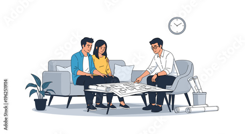 A male real estate agent points to a large blueprint for a young couple seated on a grey sofa at a small table.