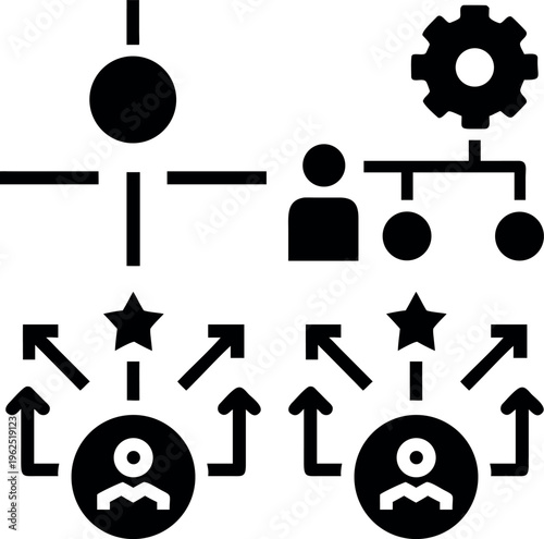 A black and white image of a flowchart with people and arrows pointing to each other and a gear on the top right side of the image with a star