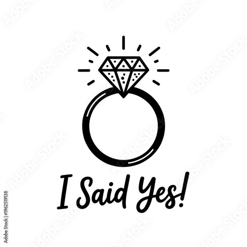 Engagement ring with I Said Yes text on white background