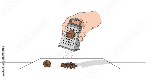 A hand grates a nutmeg over a pile of star anise and grated spice on a white surface.